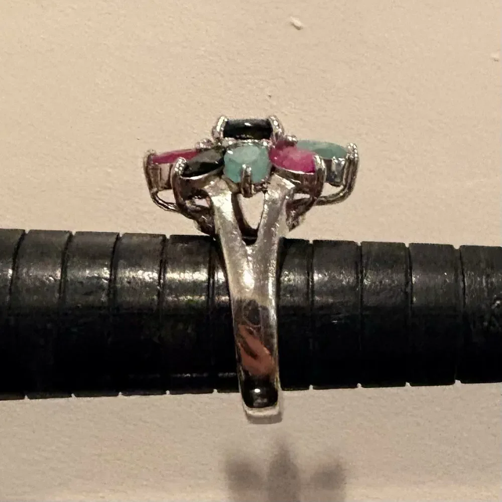 Sterling Silver, Sapphire, Emerald and Ruby Flower Ring Size 6.5 Vintage